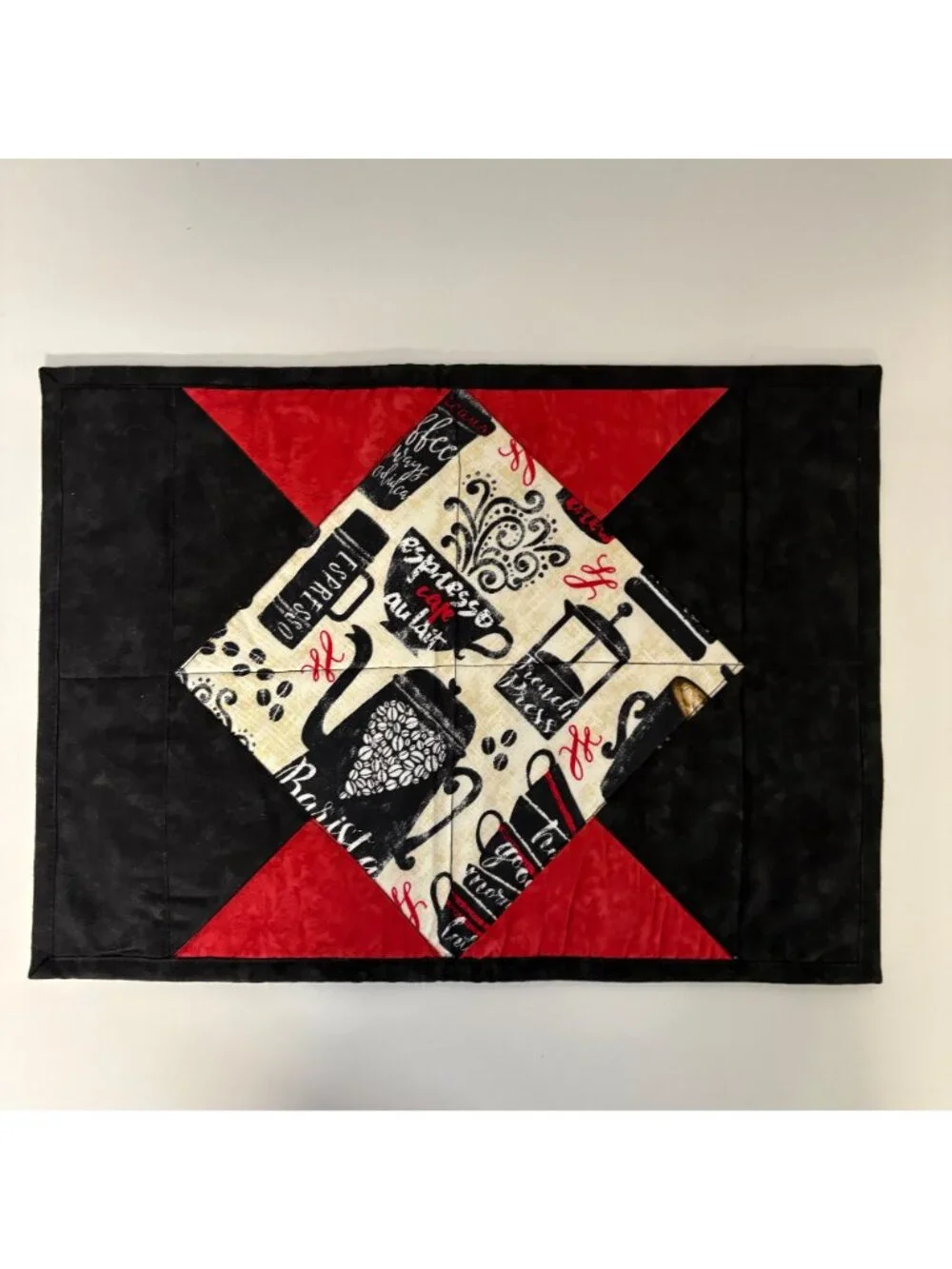 Coffee Themed Swirls Reversible Quilted Placemats Set Of 2 Red Black 16.75x12in